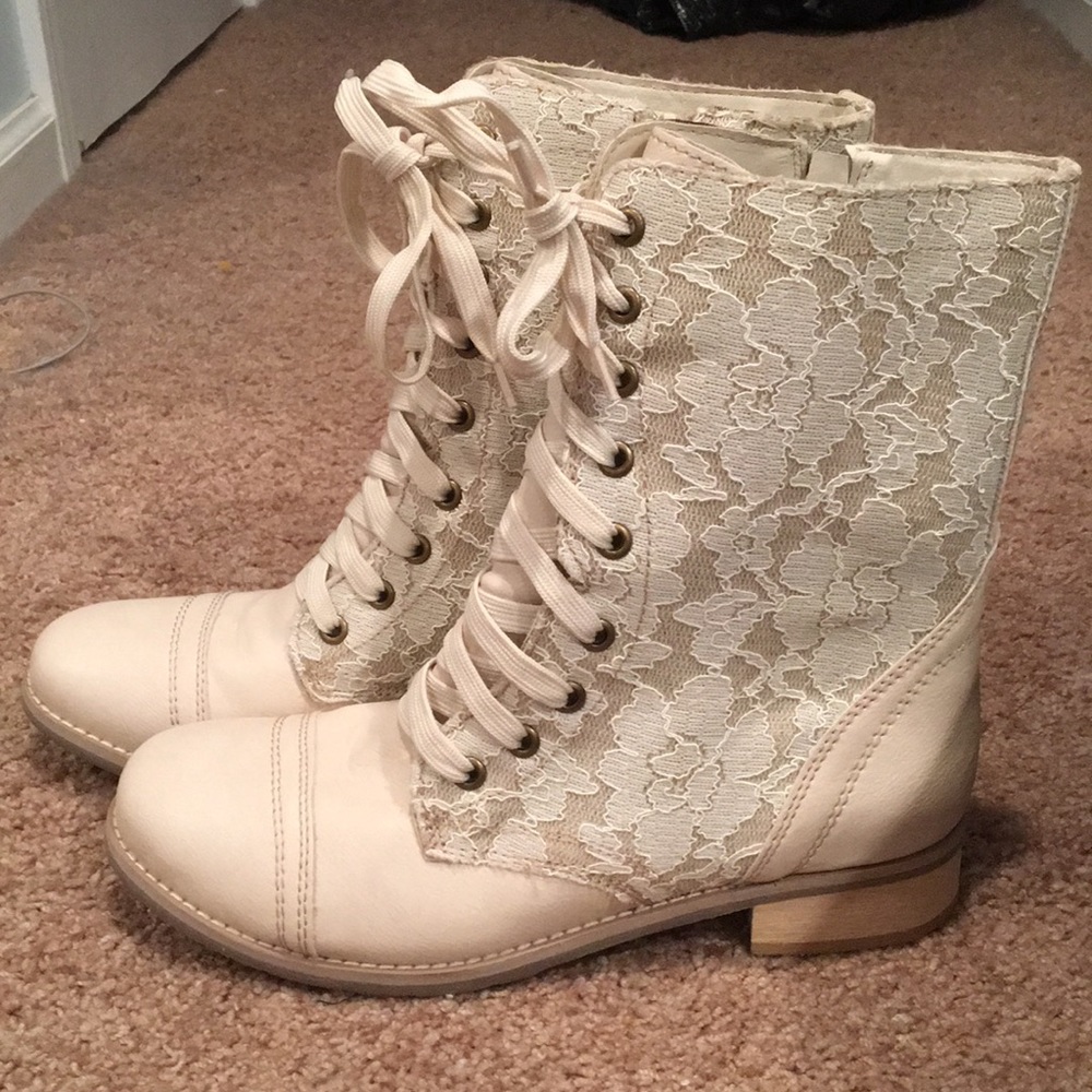 Cream floral combat boots